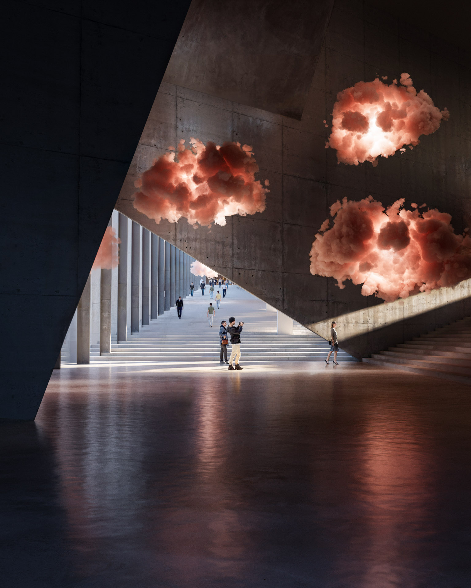 Interior Design Rendering of a dramatic concrete interior with floating illuminated clouds and people walking beneath angled beams.