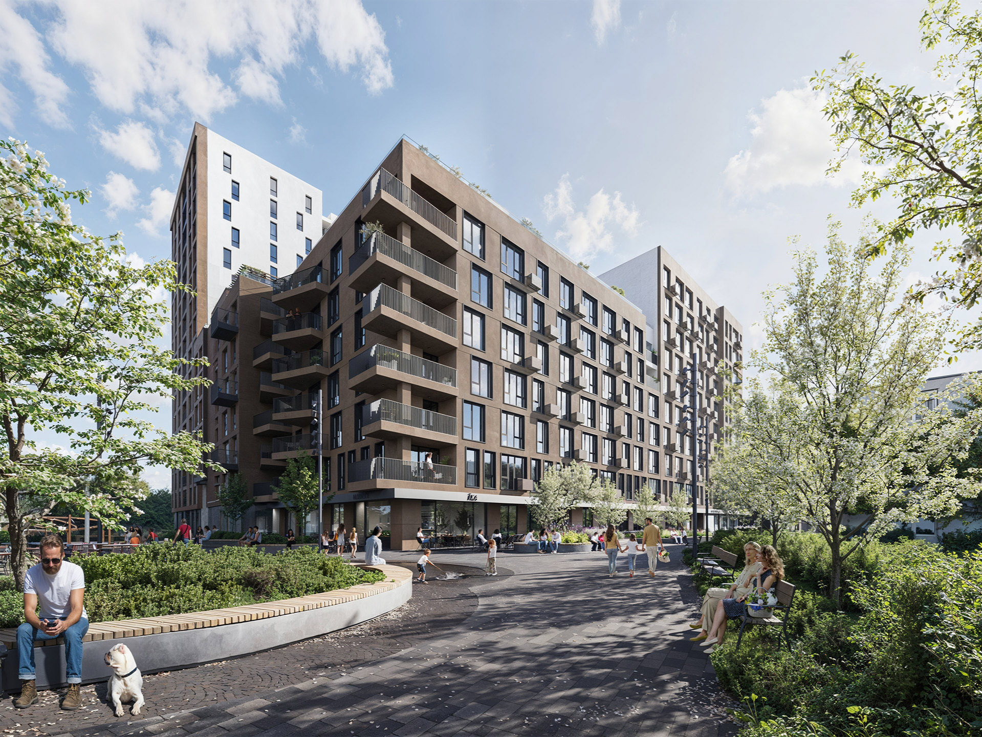Architectural Rendering of a modern residential building with stepped balconies, surrounded by landscaped public space with people and trees