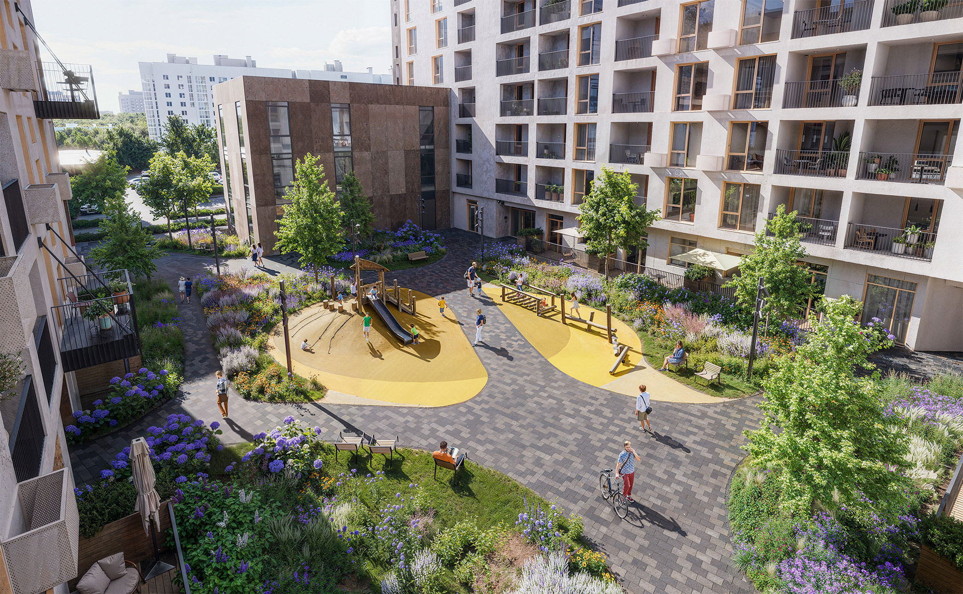 Photoreal rendering of a vibrant courtyard space with naturalistic planting, active play areas, and pedestrian-friendly design