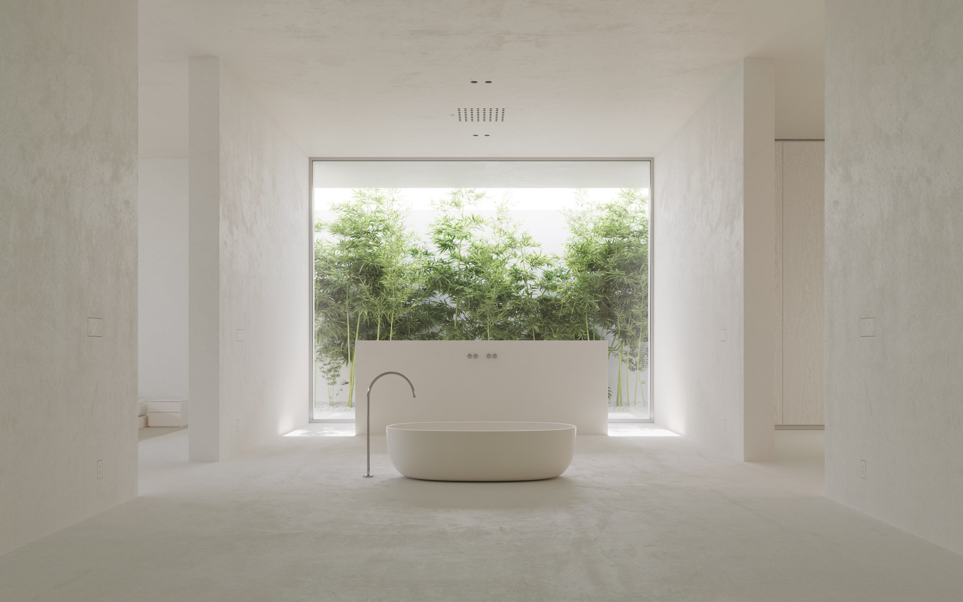 Rendering of a serene, all-white bathroom with a central tub and full-height glass opening to a bamboo courtyard.