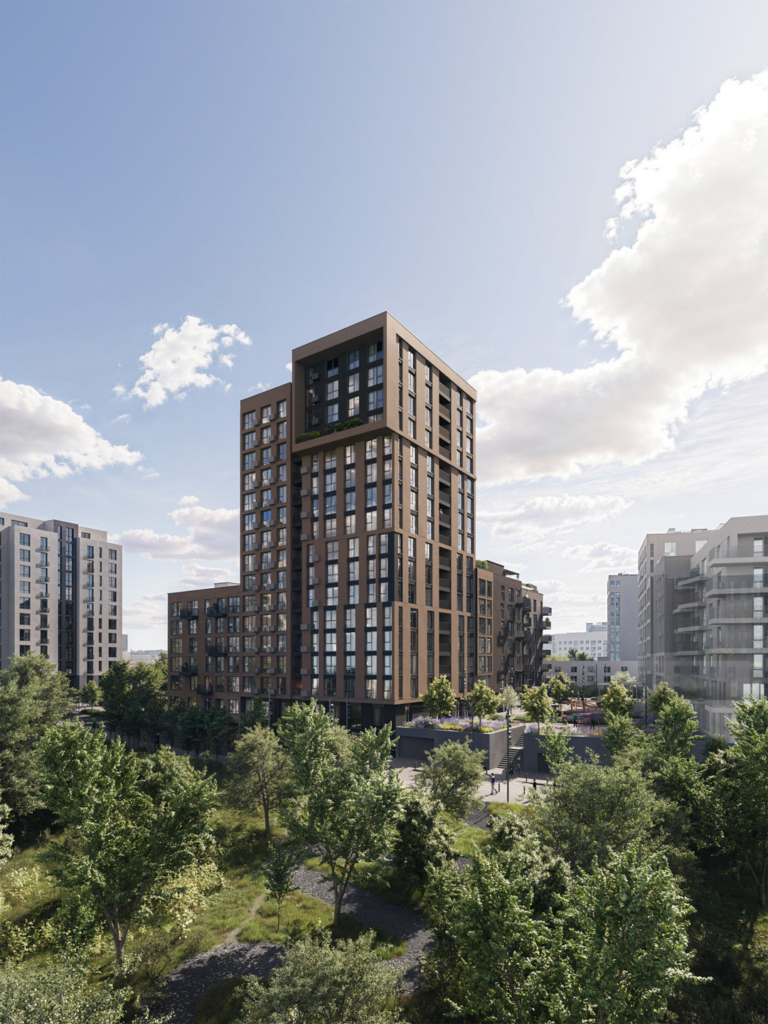 Photorealistic rendering of a contemporary mixed-use tower with stepped landscaping and urban park integration.