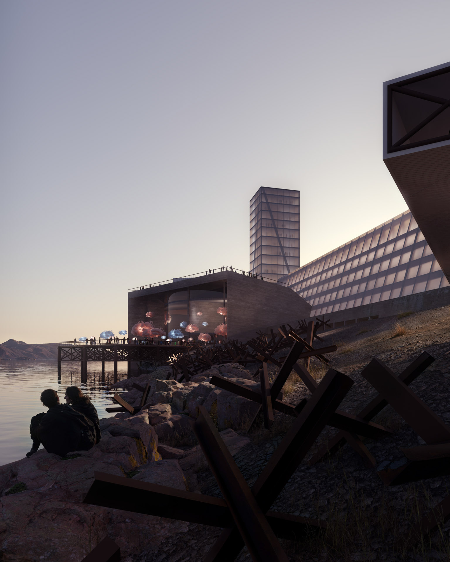 Rendering of a waterfront cultural building at dusk, with glowing sculptures on a pier and a couple seated on rocky shore