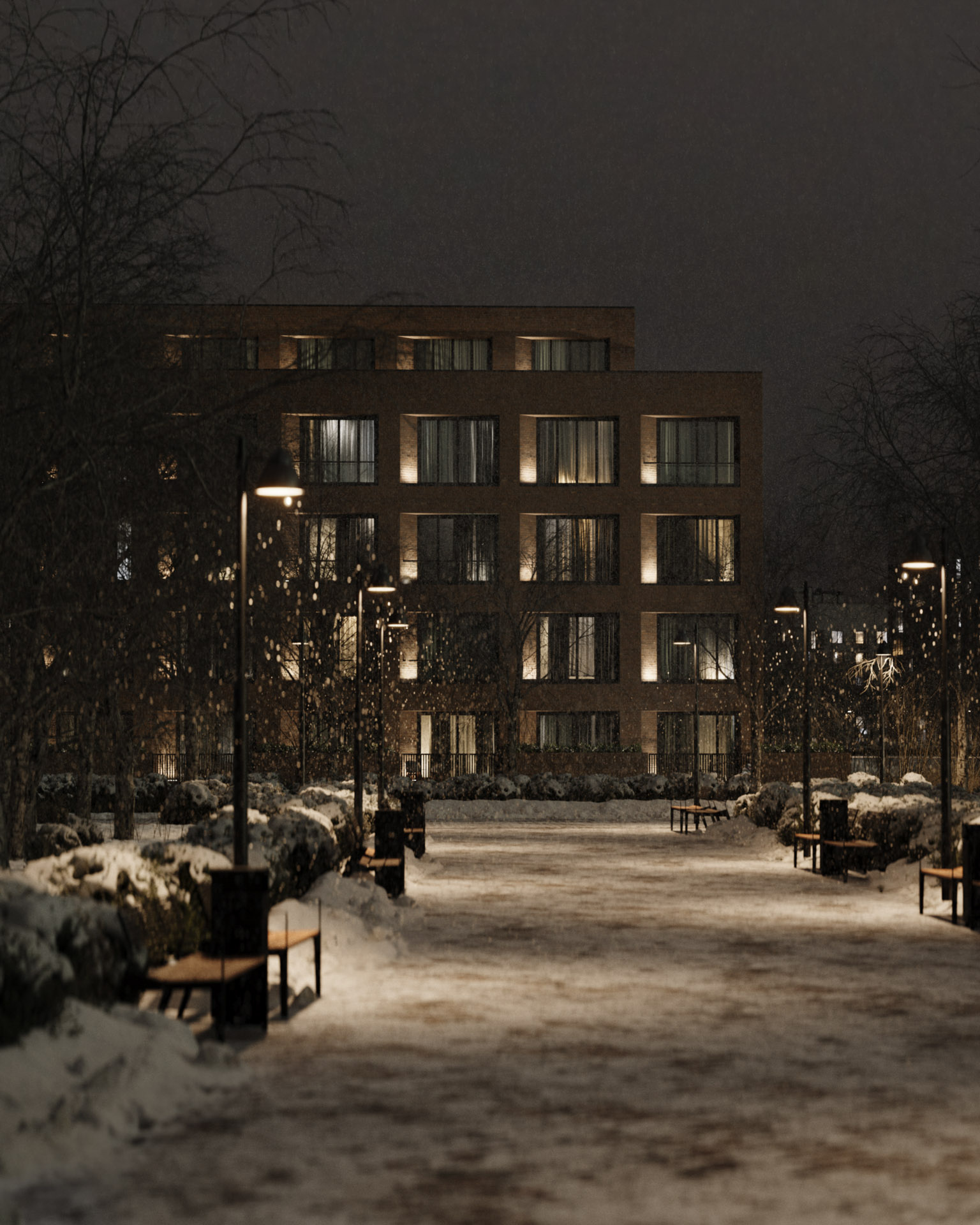 3D archviz Rendering of a modern residential building at night with warm window lighting, surrounded by a snowy park and illuminated path.